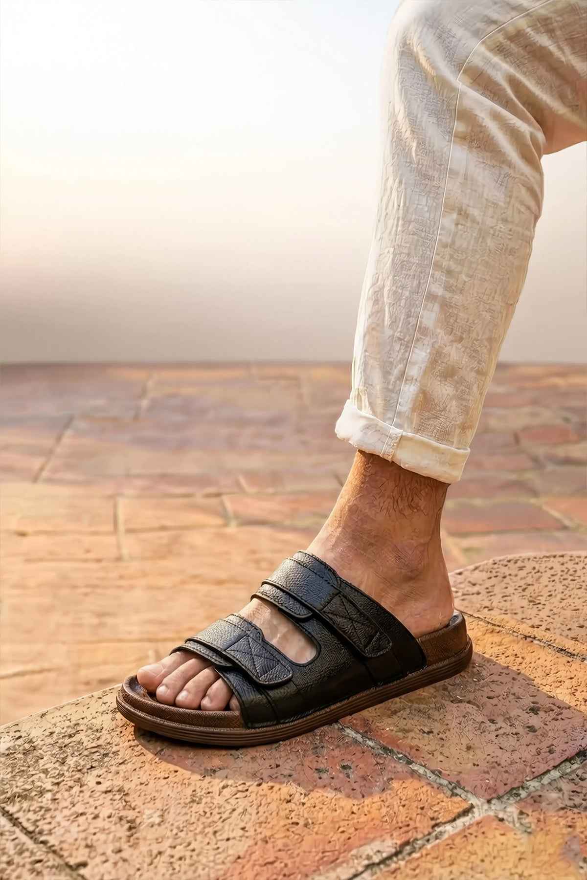 Men's black RX slide sandals with two adjustable hook-and-loop straps, open toe