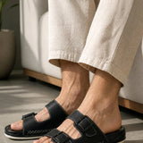 Men's black open-toe slide slippers with two adjustable hook-and-loop straps
