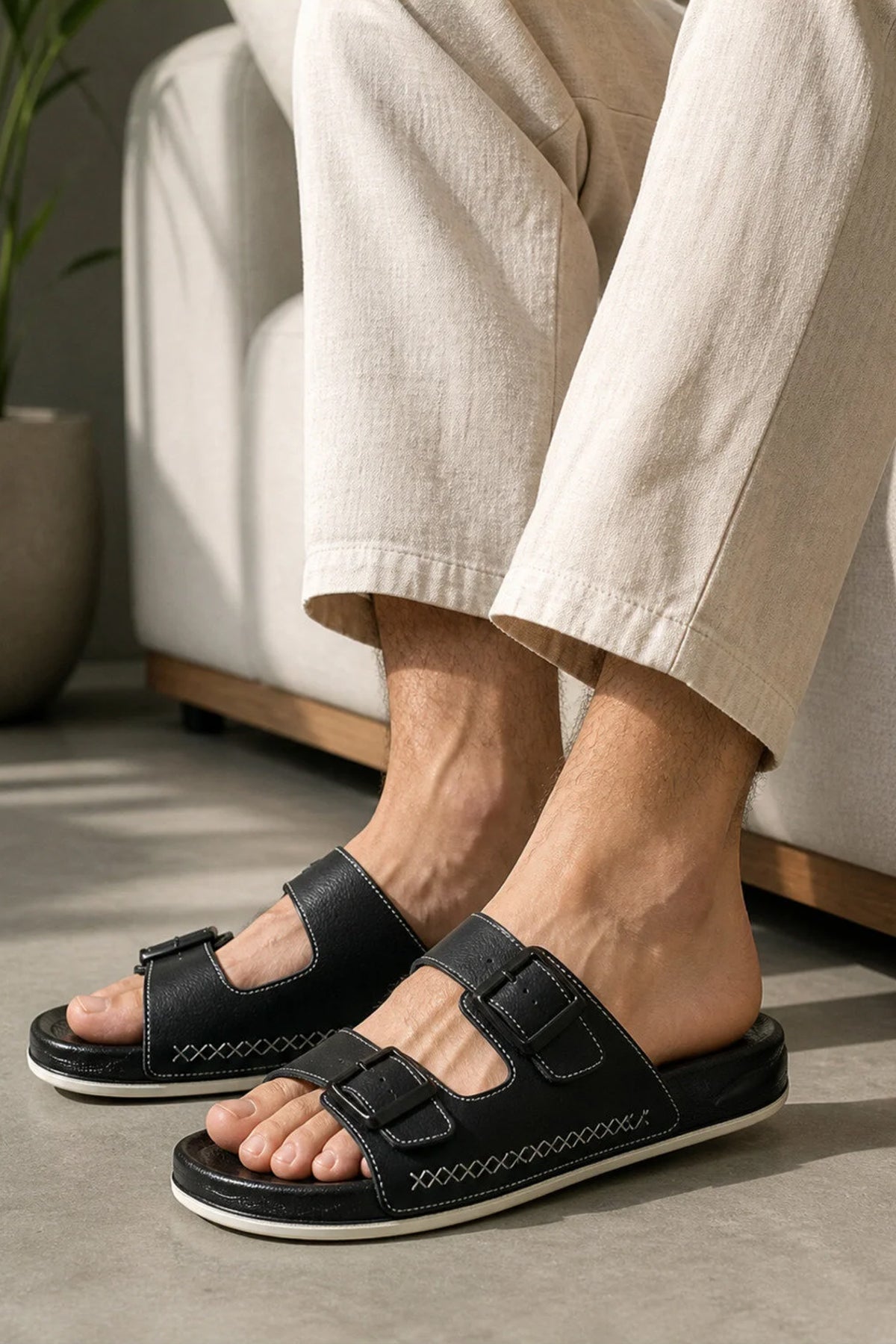 Men's black open-toe slide slippers with two adjustable hook-and-loop straps