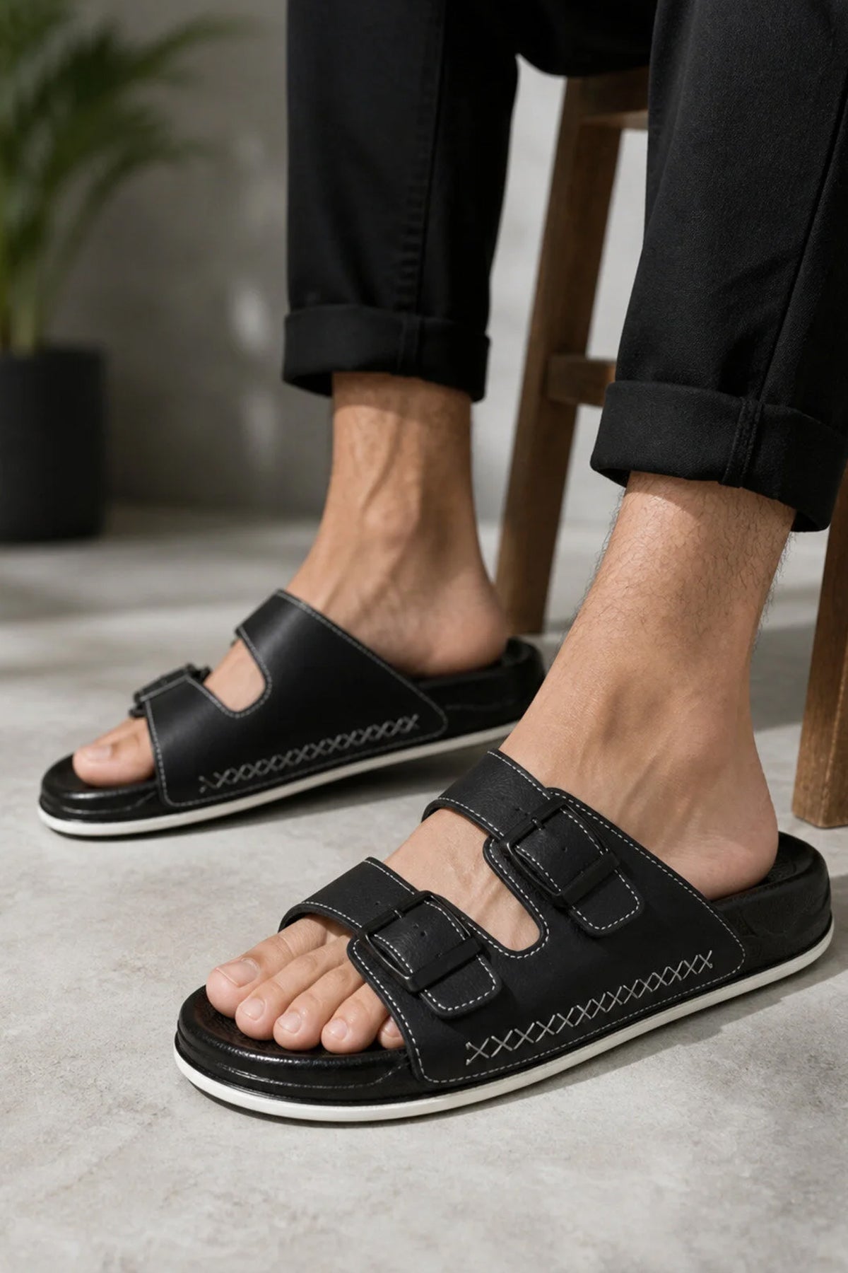 Men's black open-toe slippers with two adjustable straps and flat outsole