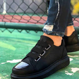 Men's black sneakers with two hook-and-loop straps and low-profile rubber sole