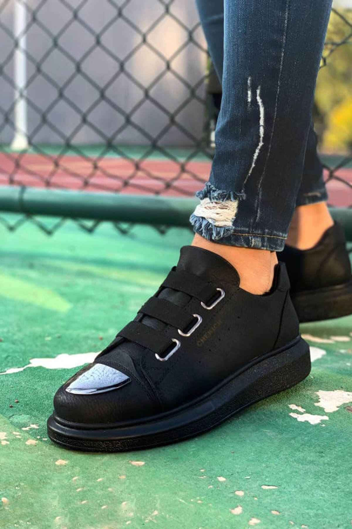 Men's black sneakers with two hook-and-loop straps and low-profile rubber sole