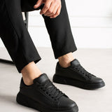 Men's black lace-up sneakers, side view with textured upper and rubber sole