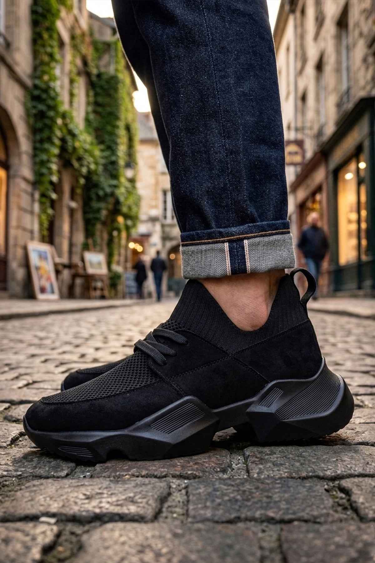 Black lace-up sneakers with textured mesh panels and rubber tread sole