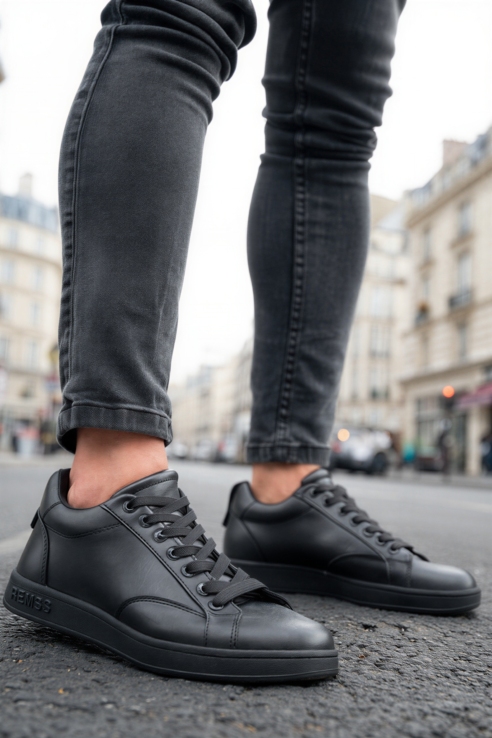 Men's black sneakers, lace-up with low profile rubber sole.