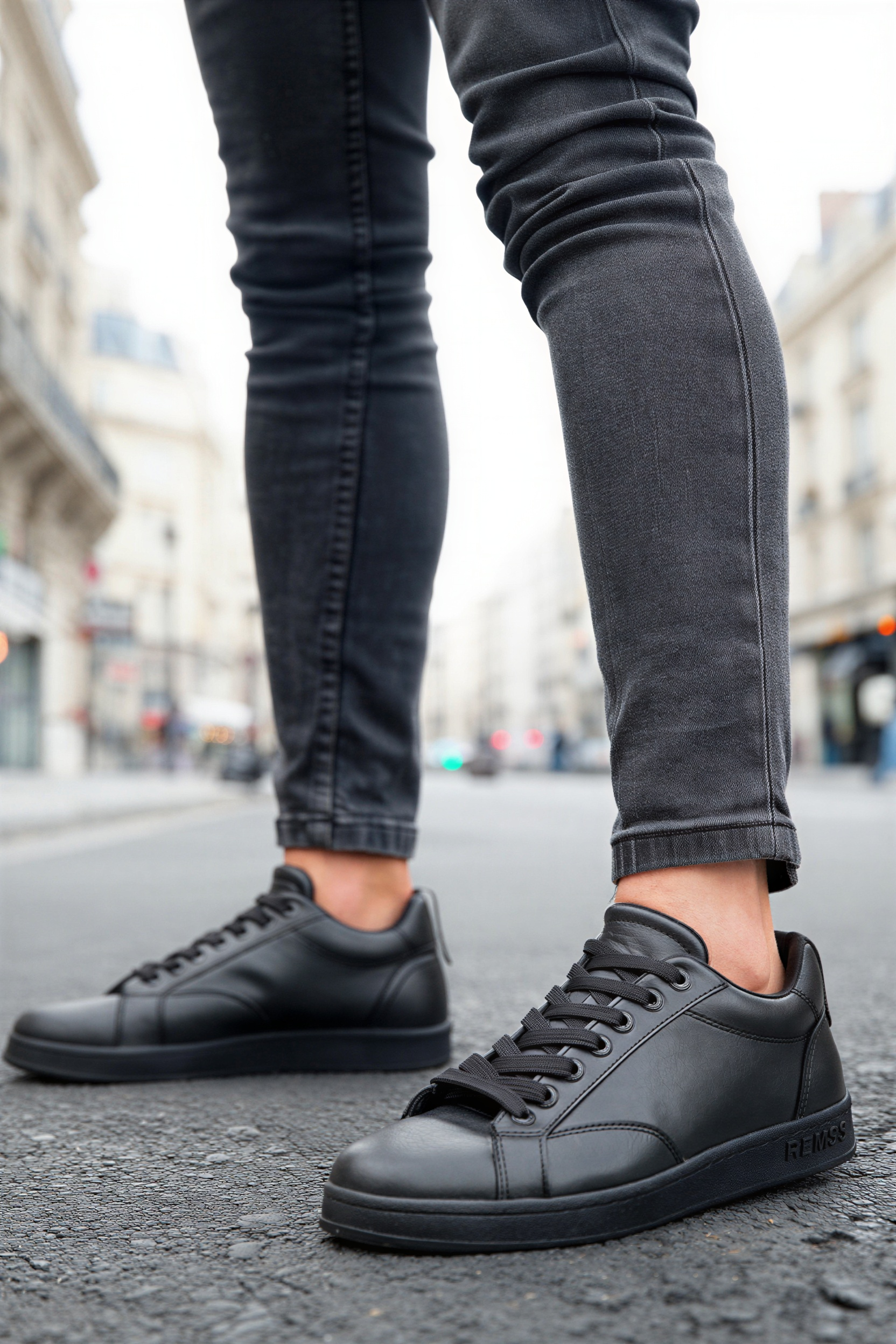 Black lace-up sneakers with padded collar and textured sole tread.