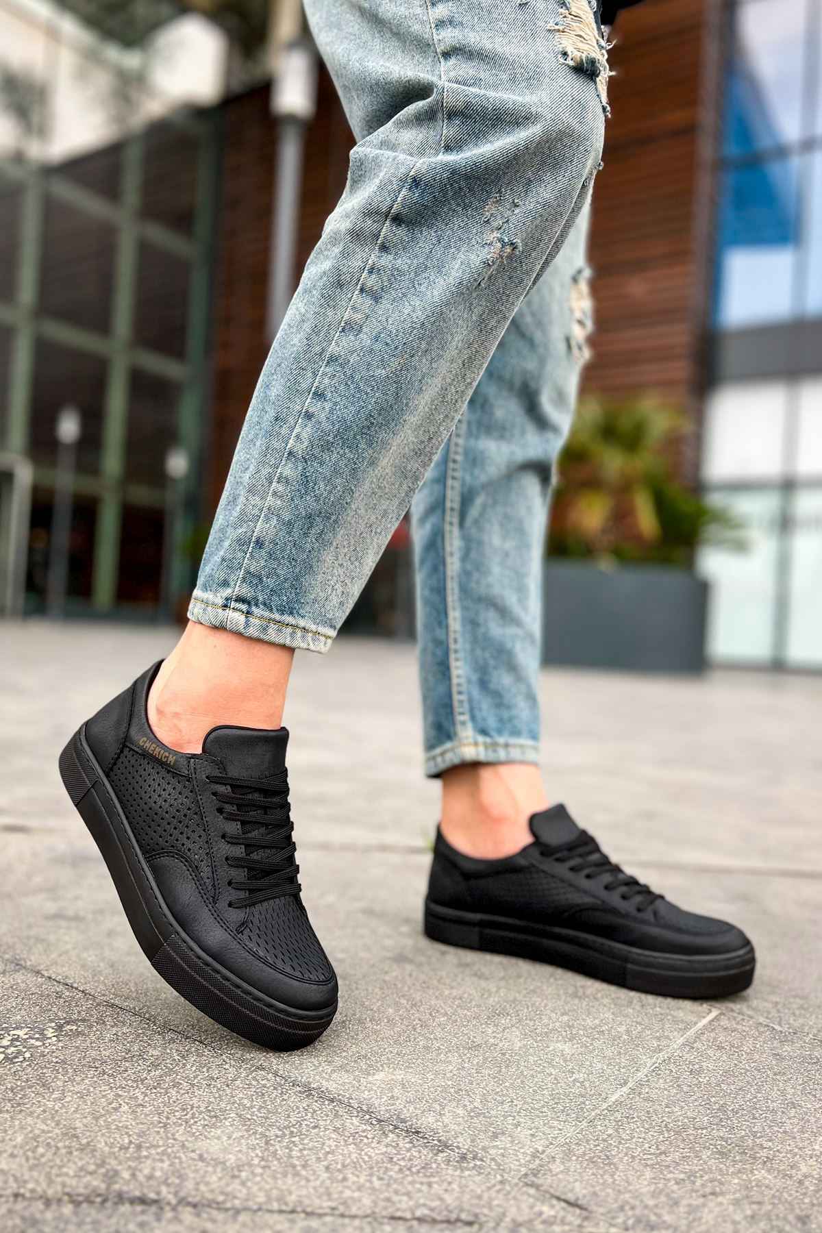 Men's Lix black lace-up sneakers with raised sidewall and chunky rubber sole