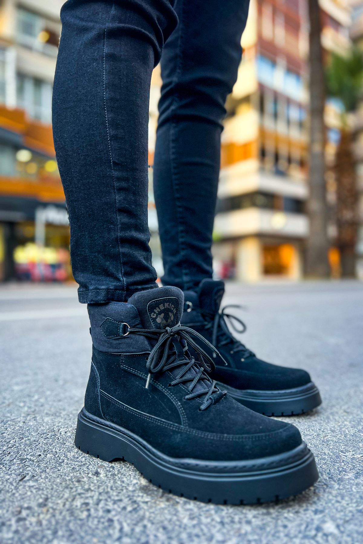 Men's suede lace-up ankle boots with dark rubber sole