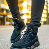 Men's dark suede lace-up ankle boots, side view with thick tread sole