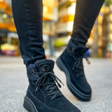 Men's black suede ankle boots with lace-up front and platform sole