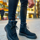 Men's dark suede lace-up ankle boots with ankle strap tab and thick sole