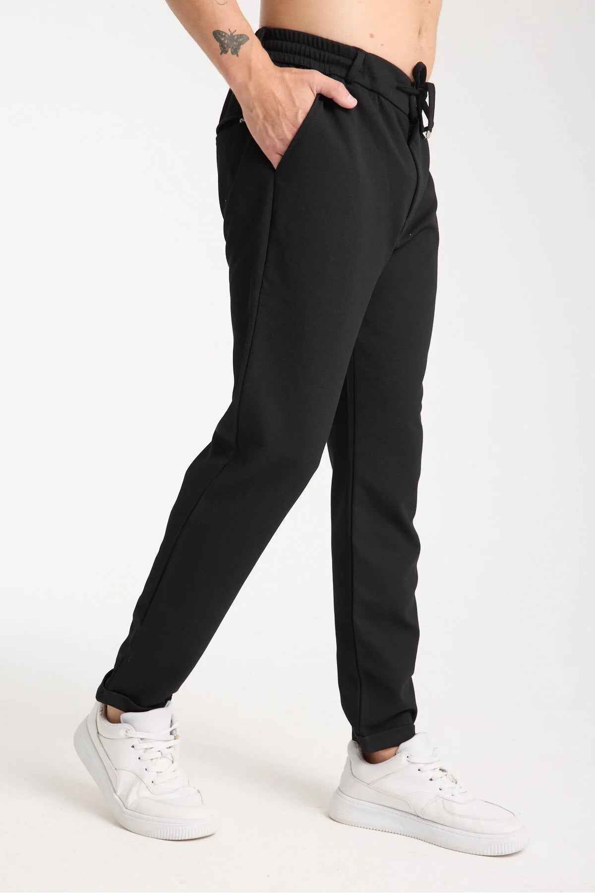 Kaphone men's black sweatpants with drawstring tie and cuffed ankle hem