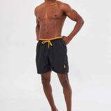 Men's black swim shorts with orange drawstring and small side logo detail.