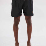Men's black swim shorts with orange elastic waistband trim and drawstring ties.