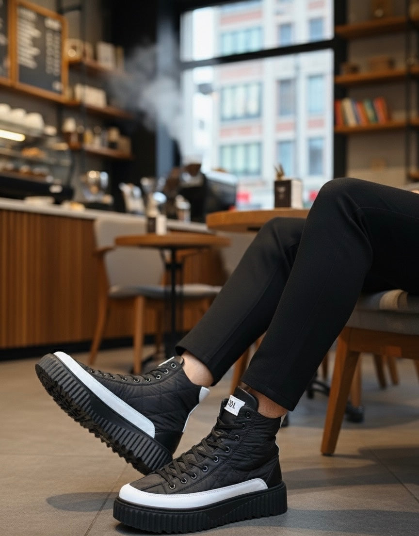 Men's black lace-up boots with white side stripe and chunky rubber sole
