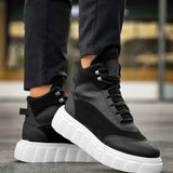 Men's black lace-up boots with white chunky sole and rounded toe