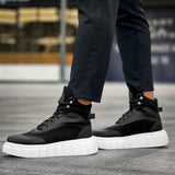 Men's black lace-up boots with white platform sole, front view