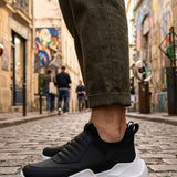 Men's black sneakers with white chunky sole and quilted strap detailing