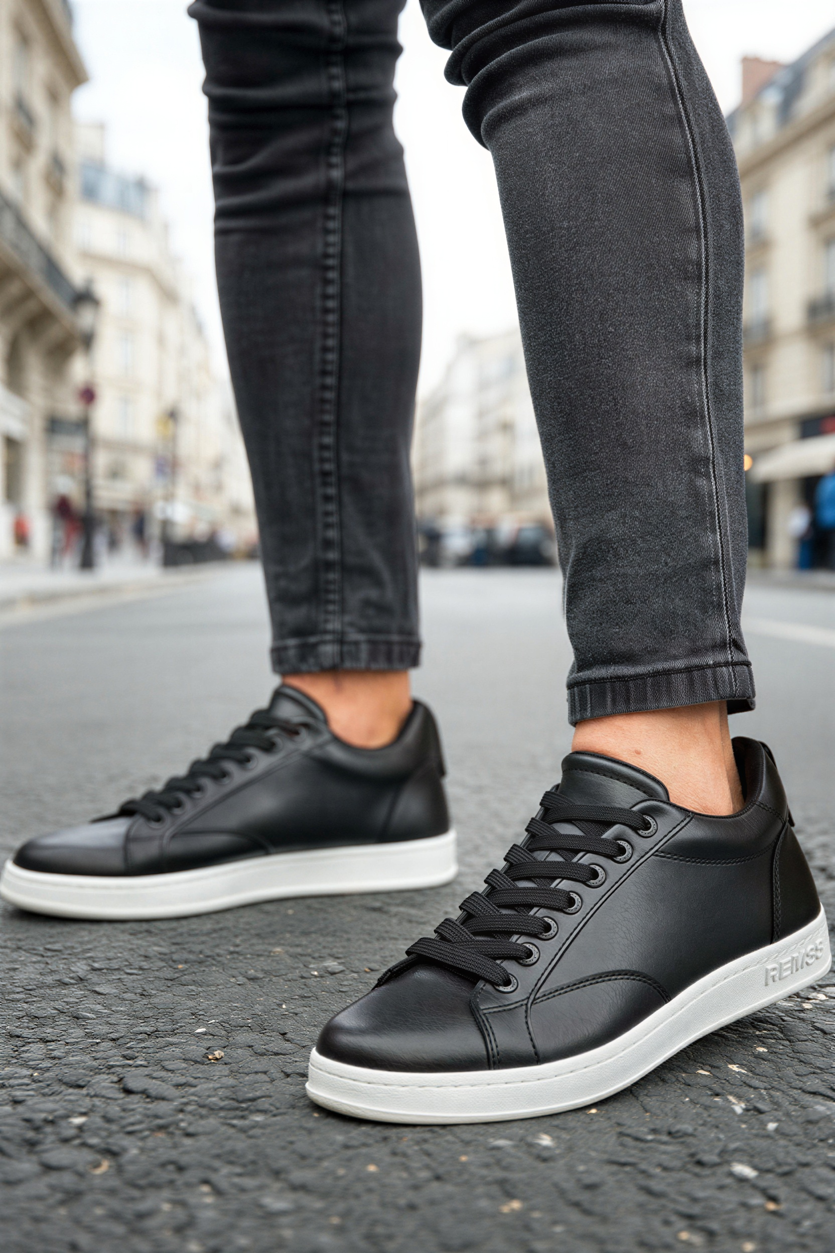 Men's black leather lace-up sneakers with white rubber sole