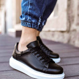 Men's black sneakers with white sole, lace-up front view