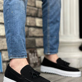 Men's black suede loafers with tassel fringe and white rubber sole