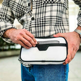 Tablet bag CH101 white with black trim, front flap closure and top zipper