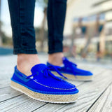 Blue men's espadrille boat shoes with lace-up front and jute-wrapped sole