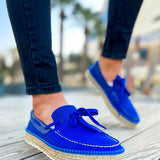Blue lace-up espadrille boat shoes with stitched detail and jute-wrapped sole