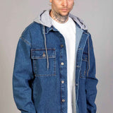 Men's blue oversized denim jacket with gray hoodie lining, button front and chest pocket
