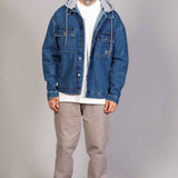 Men's blue oversized denim jacket with gray hood, front button closure, flap pockets