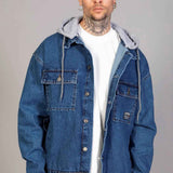 Men's blue oversized denim jacket with gray hoodie, button front, chest flap pockets