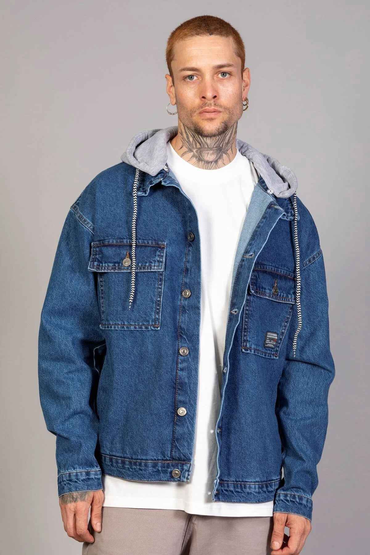 Men's blue oversized denim jacket with gray hoodie, button front, chest flap pockets