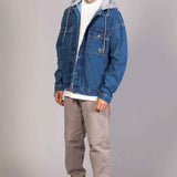 Men's blue oversized denim jacket with gray hood, button front, chest and sleeve pockets