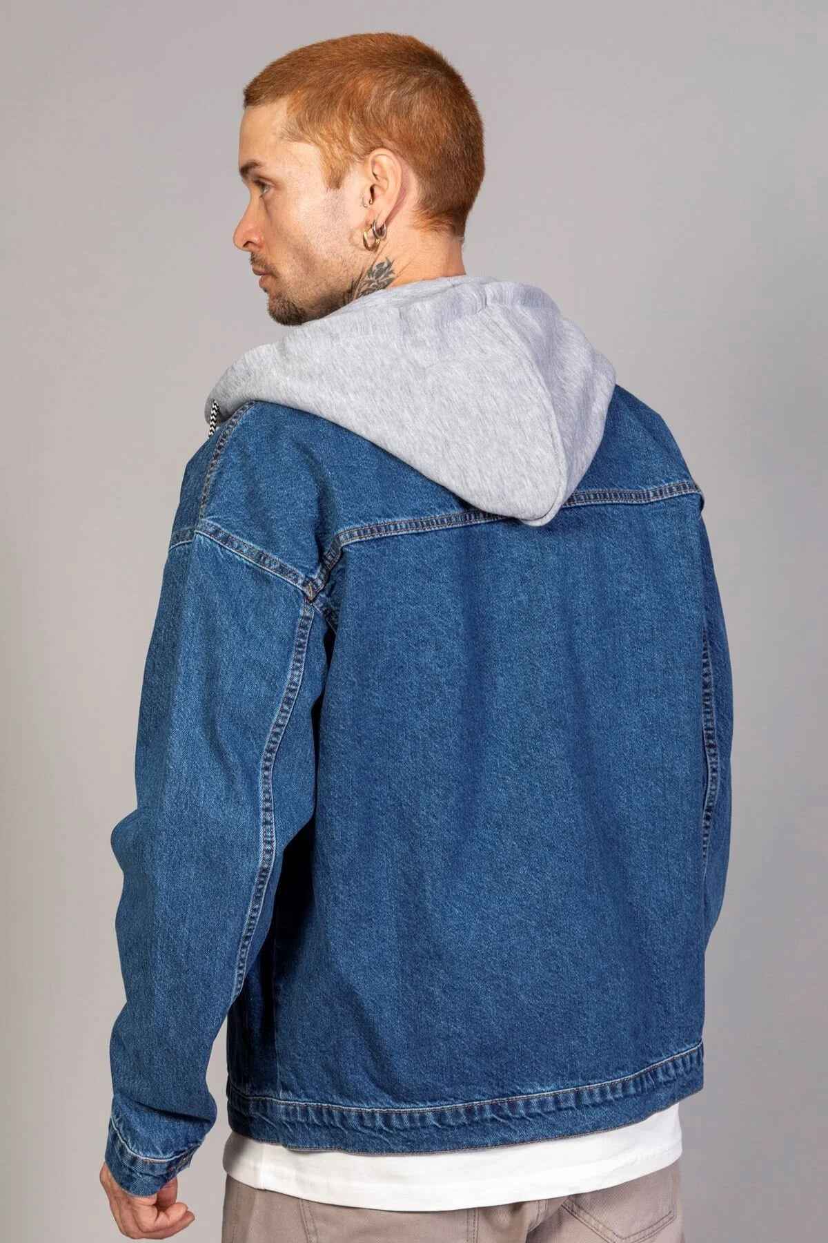 Men's blue oversized denim jacket with gray hood, back yoke seam