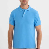 Men's blue polo shirt front view with short sleeves and buttoned neckline
