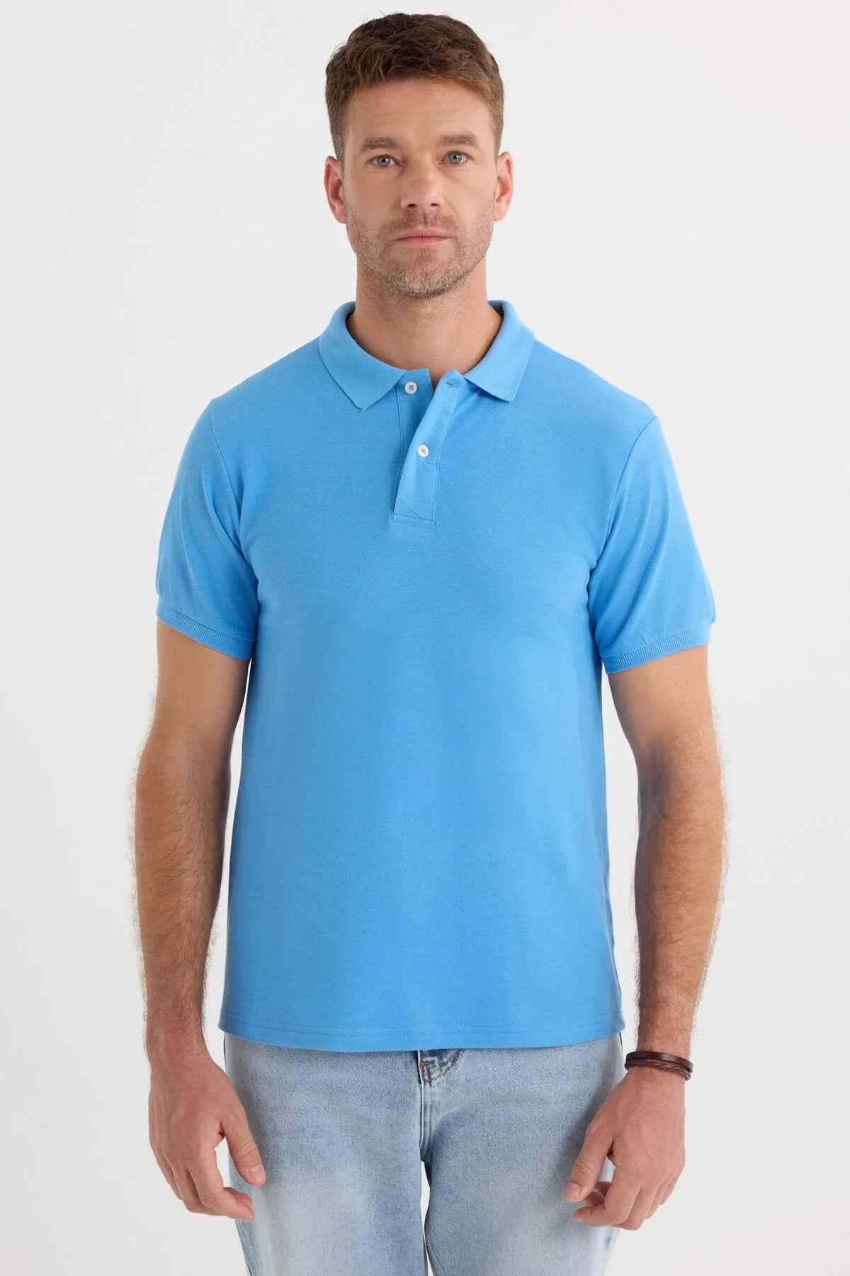 Men's blue polo shirt front view with short sleeves and buttoned neckline