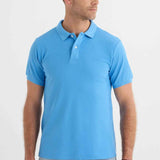 Blue polo shirt side view with short sleeves and button placket