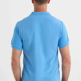 Blue polo shirt back view with short sleeves and ribbed collar