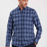 Men's blue plaid button-up shirt with long sleeves, button front, and collar.