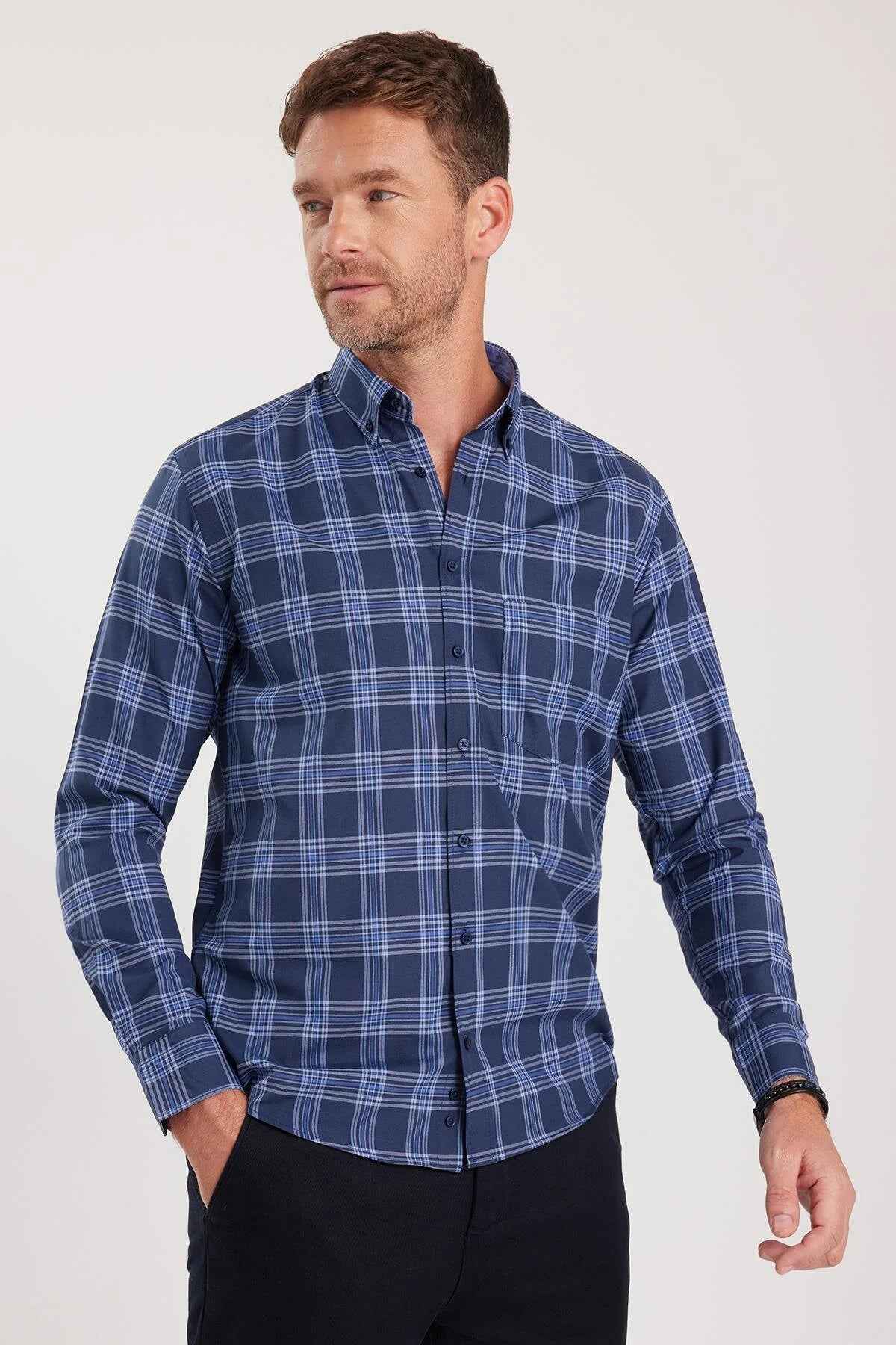 Men's blue plaid button-up shirt with long sleeves and button-front closure.