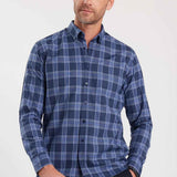Men's blue plaid button-up shirt with long sleeves and button front detail.