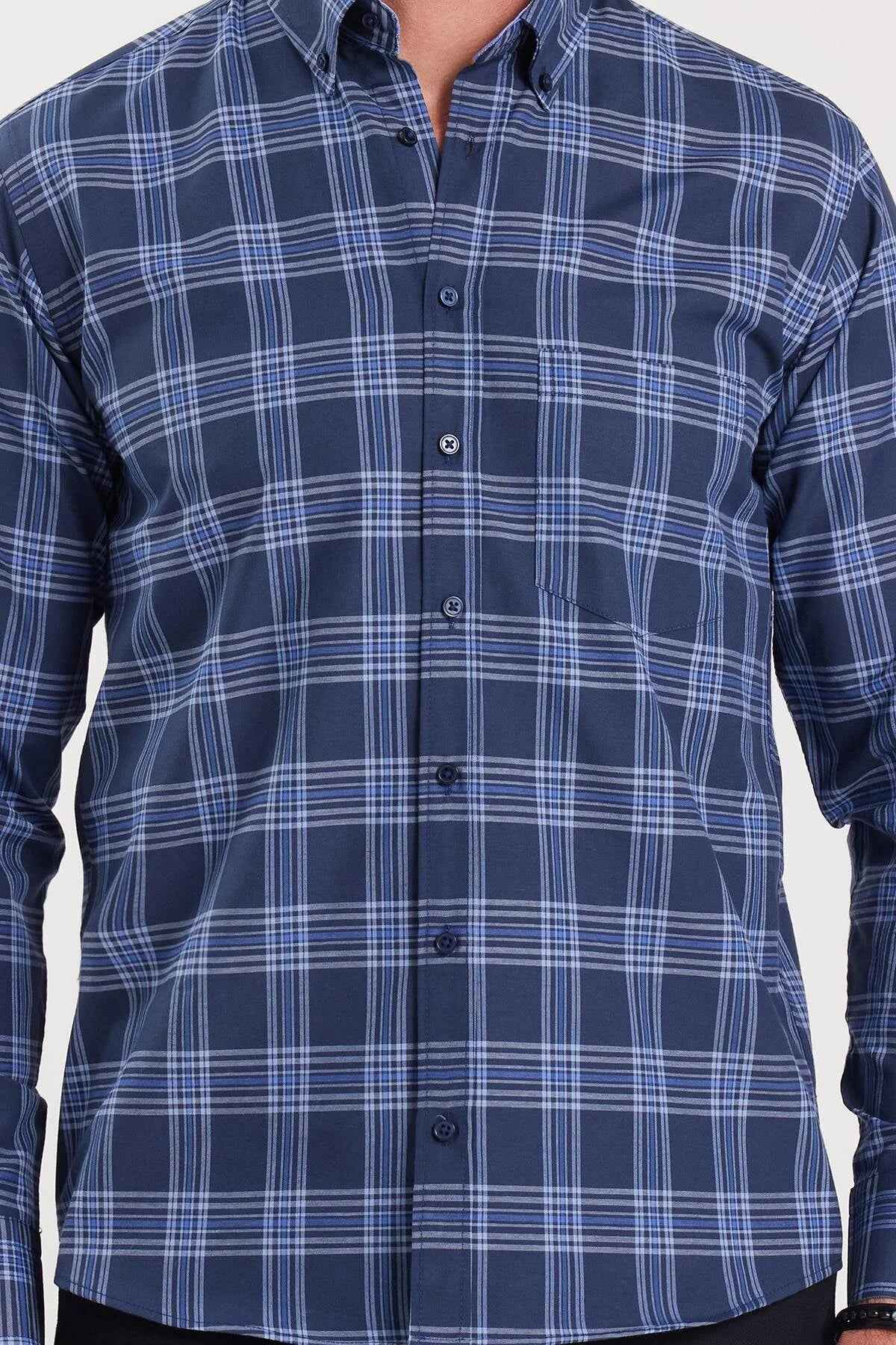 Men's blue plaid button-up shirt with pointed collar and button placket.