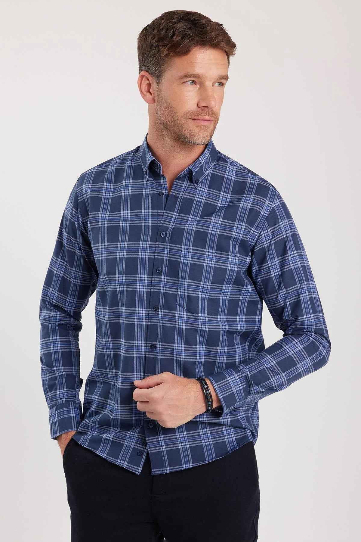 Men's blue plaid button-up shirt with long sleeves and button-front closure.
