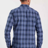 Men's blue plaid button-up shirt, back view with long sleeves.