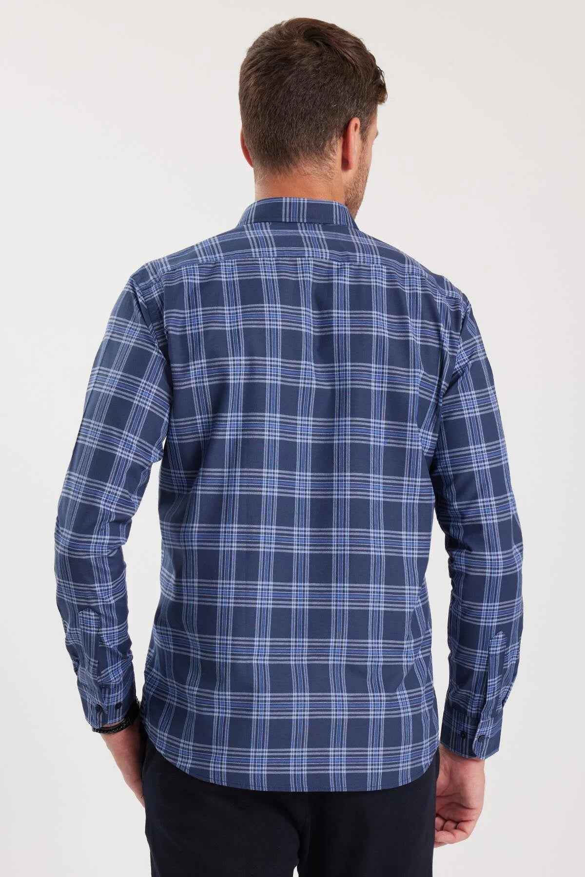 Men's blue plaid button-up shirt, back view with long sleeves.