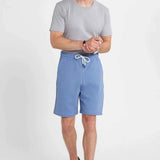 Men's blue drawstring shorts with elastic waistband and side pockets