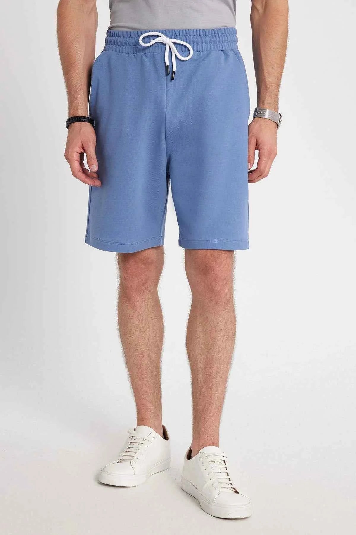 Men's blue shorts, elastic waist with white drawstring and front pockets