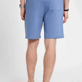 Men's blue shorts with front pockets and stitched leg seams, knee-length