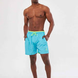 Men's blue swimming shorts with yellow drawstring and elastic waistband