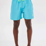 Men's blue swimming shorts with yellow drawstring and anchor logo